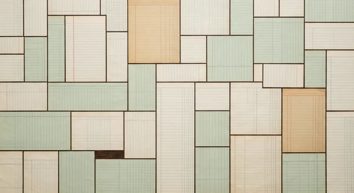 Ruled ledger paper laid edge to edge in a grid, cream and pale green sheets with two in buff